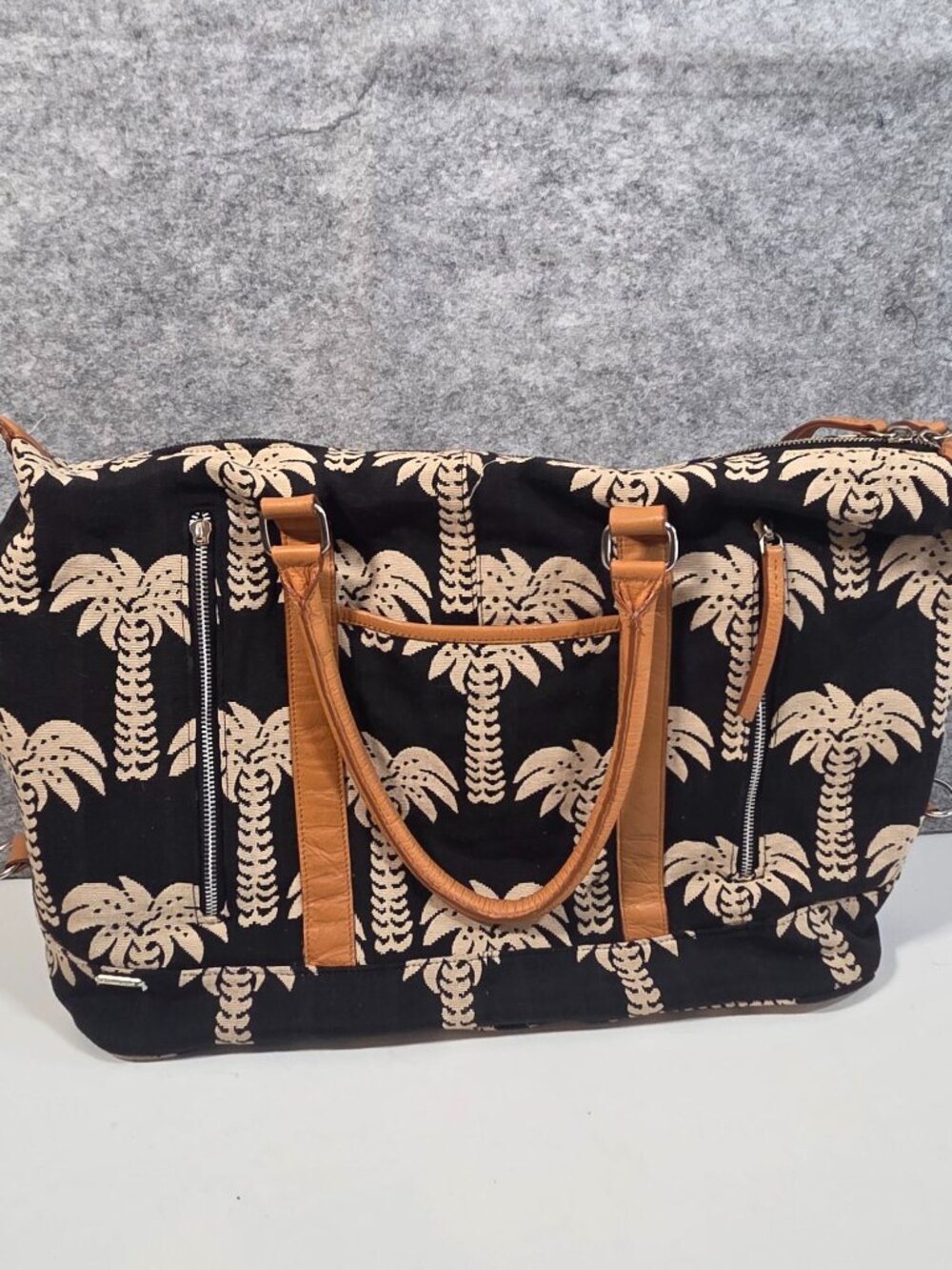 Charlie Paige Palm Tree Canvas Tote Weekender Bag Black Beige Coastal Tropical